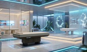 Camilla de masaje eléctrica SKYY para spa hi-tech contemporáneo con tecnología integrada y diseño elegante para centros de bienestar profesionales.